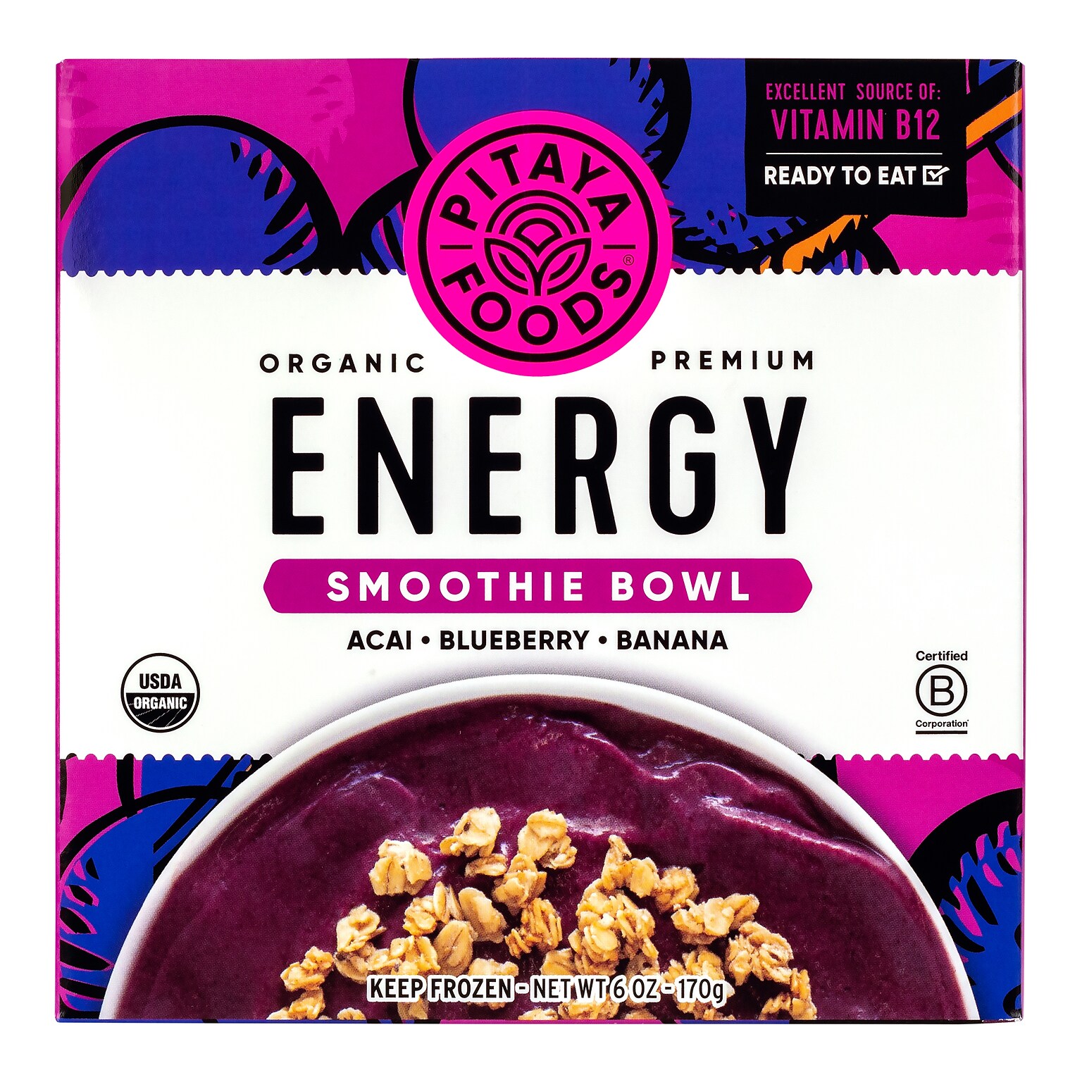 Pitaya Foods Organic Acai, Blueberry & Banana Acai Bowl, Energy, 6 oz, 6/Pack (220-02481)