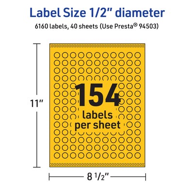 Avery Laser/Inkjet Round Multipurpose Labels, 0.5" Dia., Bright Yellow, 6160/Pack (94503)