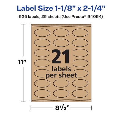 Avery Laser/Inkjet Oval Multipurpose Labels, 1-1/8" x 2-1/4", Kraft Brown, 525 Labels/Pack ( 94054)