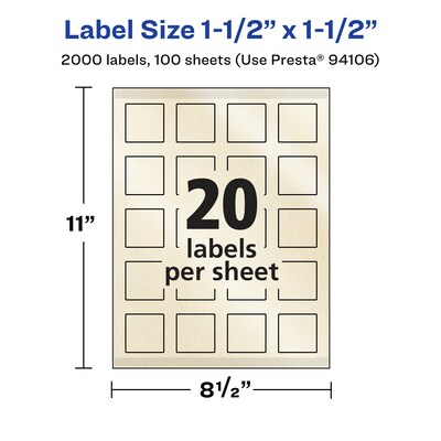 Avery Pearlized Ivory Square Multipurpose Labels, 1.5" x 1.5", Ivory, 2000/Box (94106)