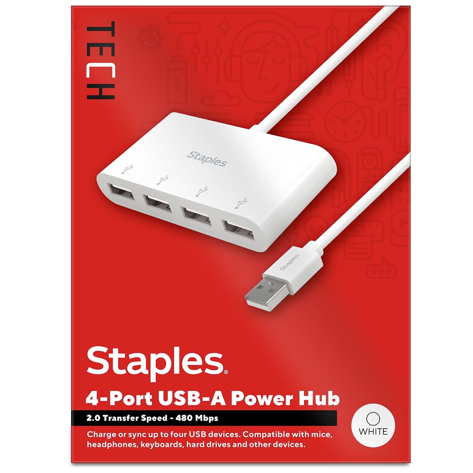 Staples TECH 4-Port USB 2.0 Hub, White (ST62376)