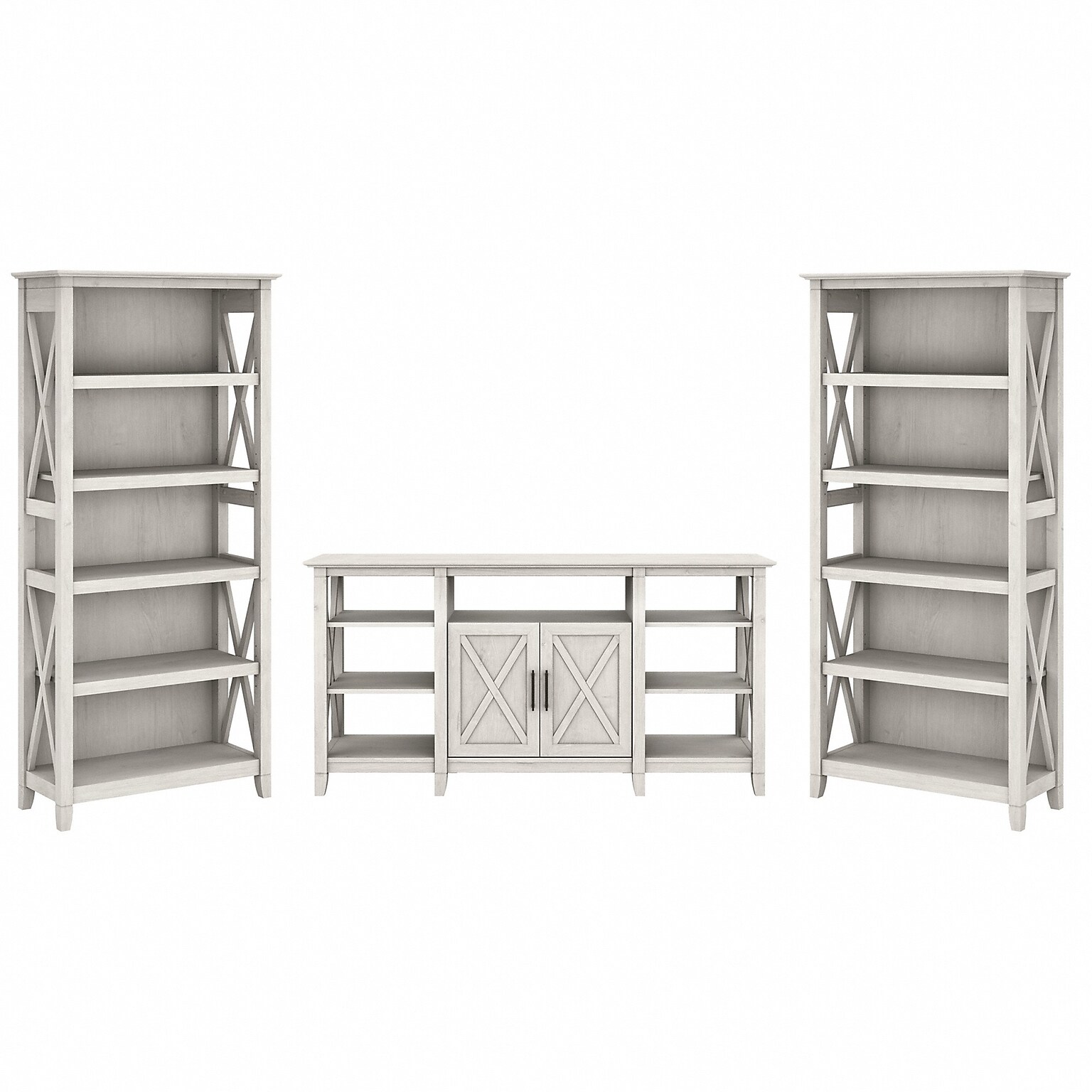 Bush Furniture Key West Tall TV Stand with Set of Two Bookcases, Linen White Oak, Screens up to 65 (KWS027LW)