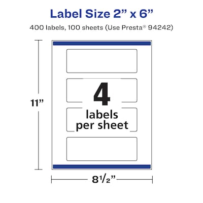 Avery Rectangle Laser/Inkjet Multipurpose Labels, 2" x 6", White, 400 Labels/Box (94242)