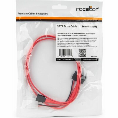 Rocstor 3' Slimline SATA 3.0 to SATA 3.0/LP4 Adapter Cable, Female to Male, Red (Y10C869-RD)
