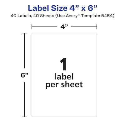 Avery White Printable Removable Self-Adhesive MultiUse ID Label, 4"(H) x 6"(W), 40/Pack (05454)
