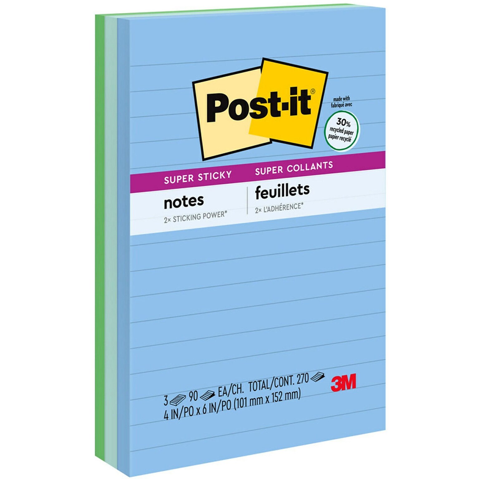 Post-it Recycled Super Sticky Notes, 4 x 6, Oasis Collection, Lined, 90 Sheet/Pad, 3 Pads/Pack (6603SST)