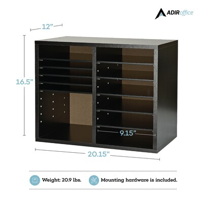 AdirOffice 500 Series 12-Compartment Literature Organizer, 20" x 11.8", Black (500-12-BLK)