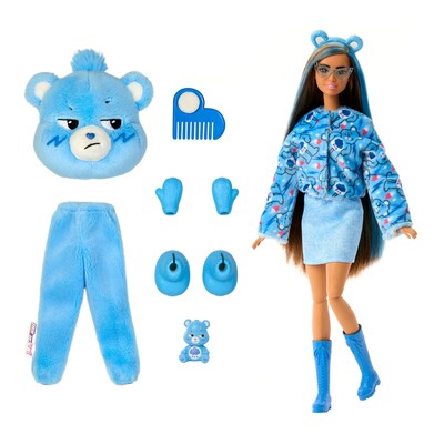 Mattel Barbie Cutie Reveal Care Bears Series Doll, Grumpy Bear Plush Costume, Blue (JCN96)