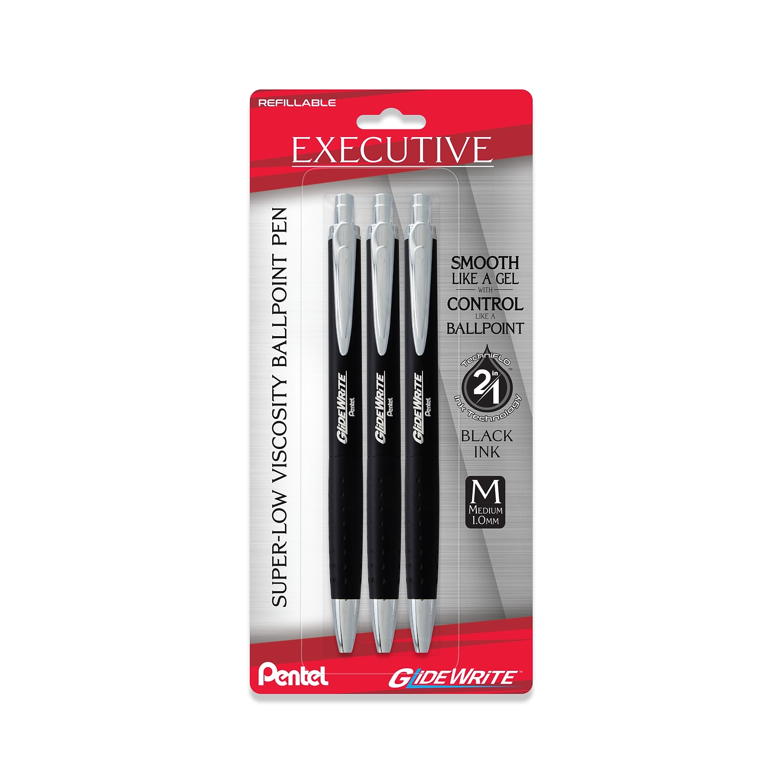 Pentel GlideWrite Retractable Ballpoint Pen, Medium Point, 1.0mm, Black Ink, 3/Pack (BX970ABP3)