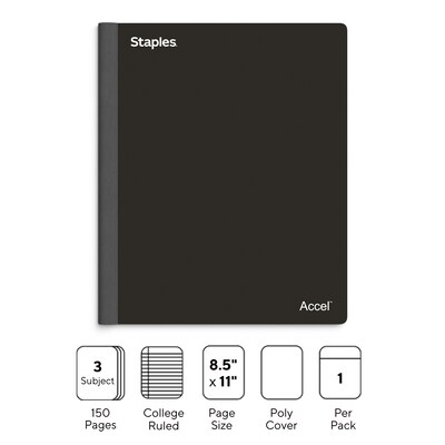 Staples Premium 3-Subject Notebook, 8.5" x 11", College Ruled, 150 Sheets, Black (ST58329)