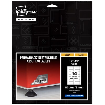 Avery PermaTrack(R) Destructible Laser Asset Tag Labels, 1-1/4 x 2-3/4, Matte White, 112 Asset Tags/Pack (60537)
