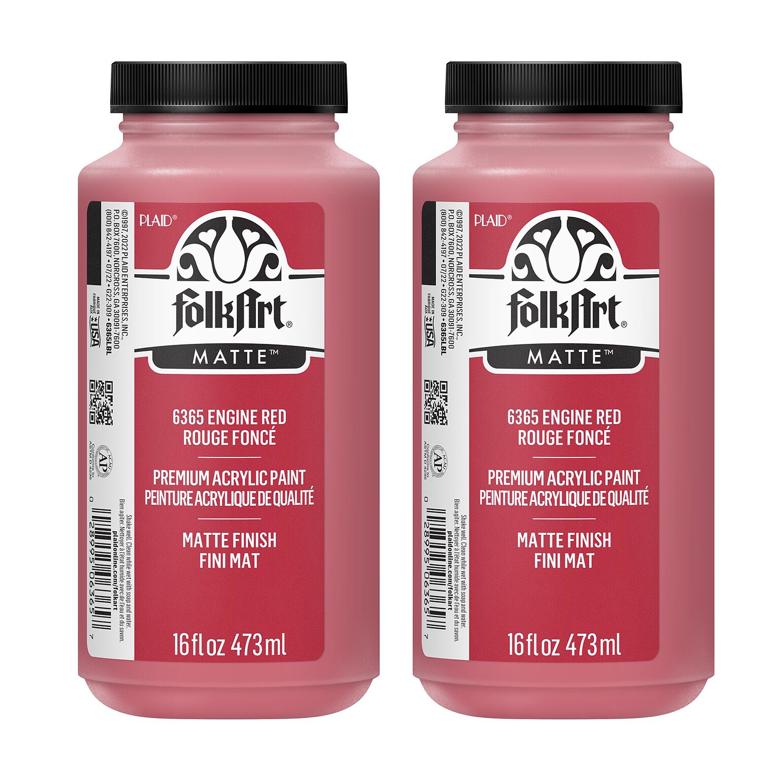 FolkArt Acrylic Paint Matte, 16oz., Engine Red, 2/Pack (FLK6365-2)