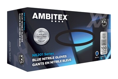 Ambitex® Disposable Gloves, Nitrile, XX Large, Blue, Powder-Free, 6mil, 100/Bx