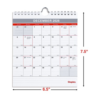 2026 Staples 6.5" x 7.5" Monthly Wall Calendar, Red/White/Gray (ST53923-26)