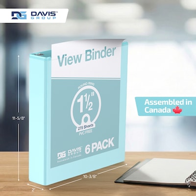 Davis Group, 1.5", 8.5" x 11", Round Ring View Binder, Pastel Color, Aqua, 6/Pack (7412-12-06)