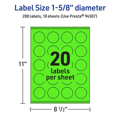 Avery Circle Multipurpose Labels, 1-5/8" Dia., Neon Green, 200/Pack (94507)