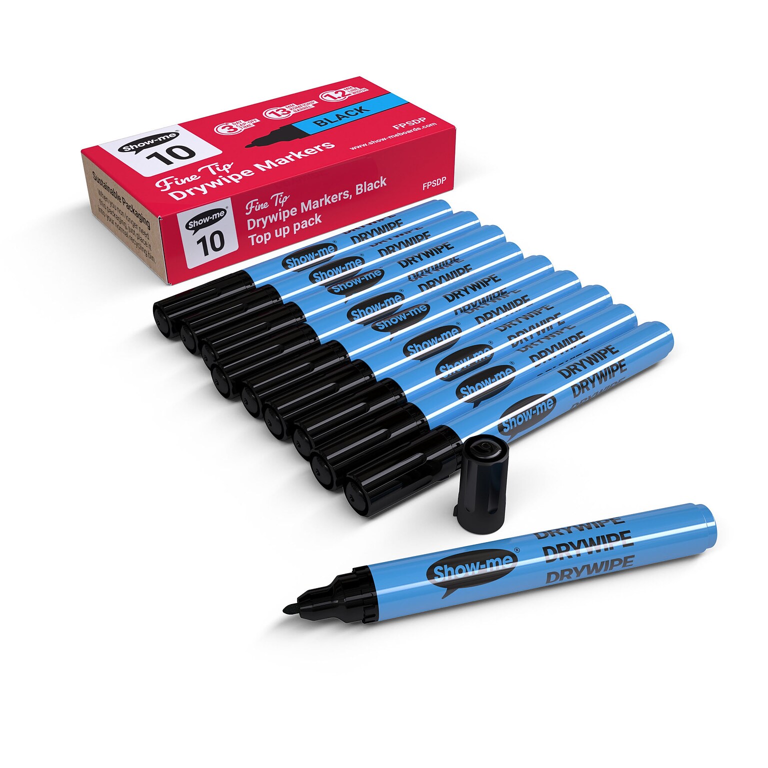 Show-me Slim Barrel Dry Erase Markers, Fine Tip, Black, 10/Pack (EPTFPSDP)