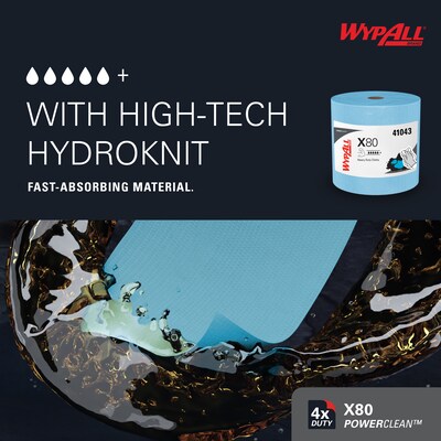 WypAll PowerClean X80 Fabric Cleaning Wipers, 13.4" x 12.5", Blue, 475 Sheets/Roll (41043)