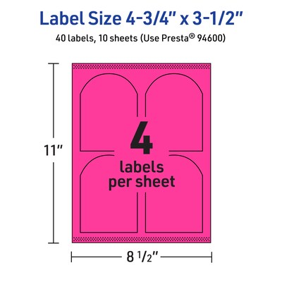 Avery Laser/Inkjet Arched Multipurpose Labels, 4.75" x 3.5", Neon Magenta, 40/Pack (94600)