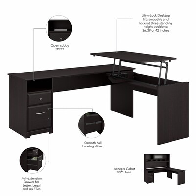 Bush Furniture Cabot 36"-42"H 3 Position L Shaped Sit to Stand Desk with Hutch, Espresso Oak (CAB052EPO)