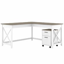 Bush Furniture Key West 60 L-Shaped Desk with Two-Drawer Mobile File Cabinet, Shiplap Gray/Pure Whi