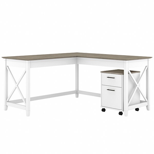 Bush Furniture Key West 60 L-Shaped Desk with Two-Drawer Mobile File Cabinet, Shiplap Gray/Pure White (KWS013G2W)