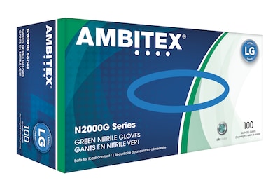 Ambitex Powder Free Nitrile Gloves, Large, Green, 100/Box, 10 Boxes/Carton
