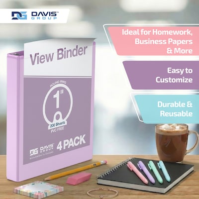 Davis Group Standard View 1" 3-Ring Binders, Assorted Pastel Colors, 4/Pack (7411-88-04)