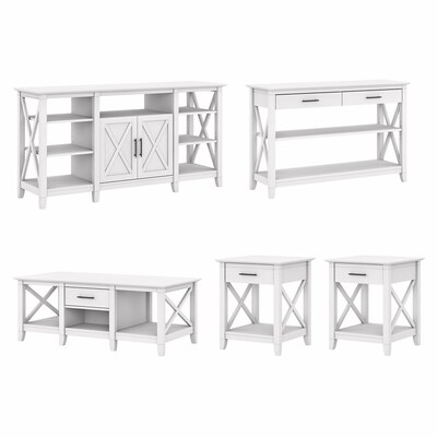 Bush Furniture Key West TV Stand with Coffee Table, Console Table and Set of 2 End Tables, Pure White Oak (KWS026WT)
