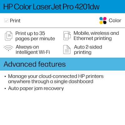 HP LaserJet Pro LJP 4201dw Wireless Color Laser Printer, Single-Function, Print (4RA86F)