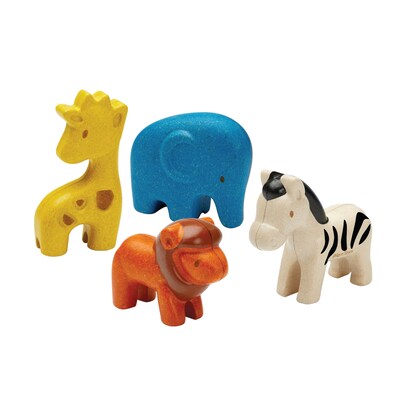 Plan Toys Wooden Wild Animals Playset, Multicolored, 4/Pack (PTS6128)