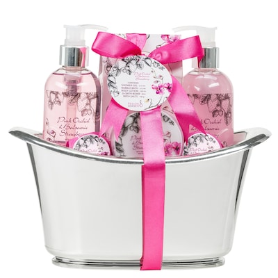 Freida and Joe Pink Orchid & Strawberry Fragrance Bath & Body Spa Gift Set in a Silver Tub Basket (F