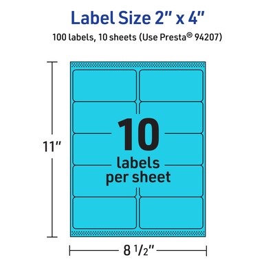 Avery Laser/Inkjet Multipurpose Labels, 2" x 4", Bright Blue, 10 Labels/Sheet, 10 Sheets/Pack (94207-BBP10)
