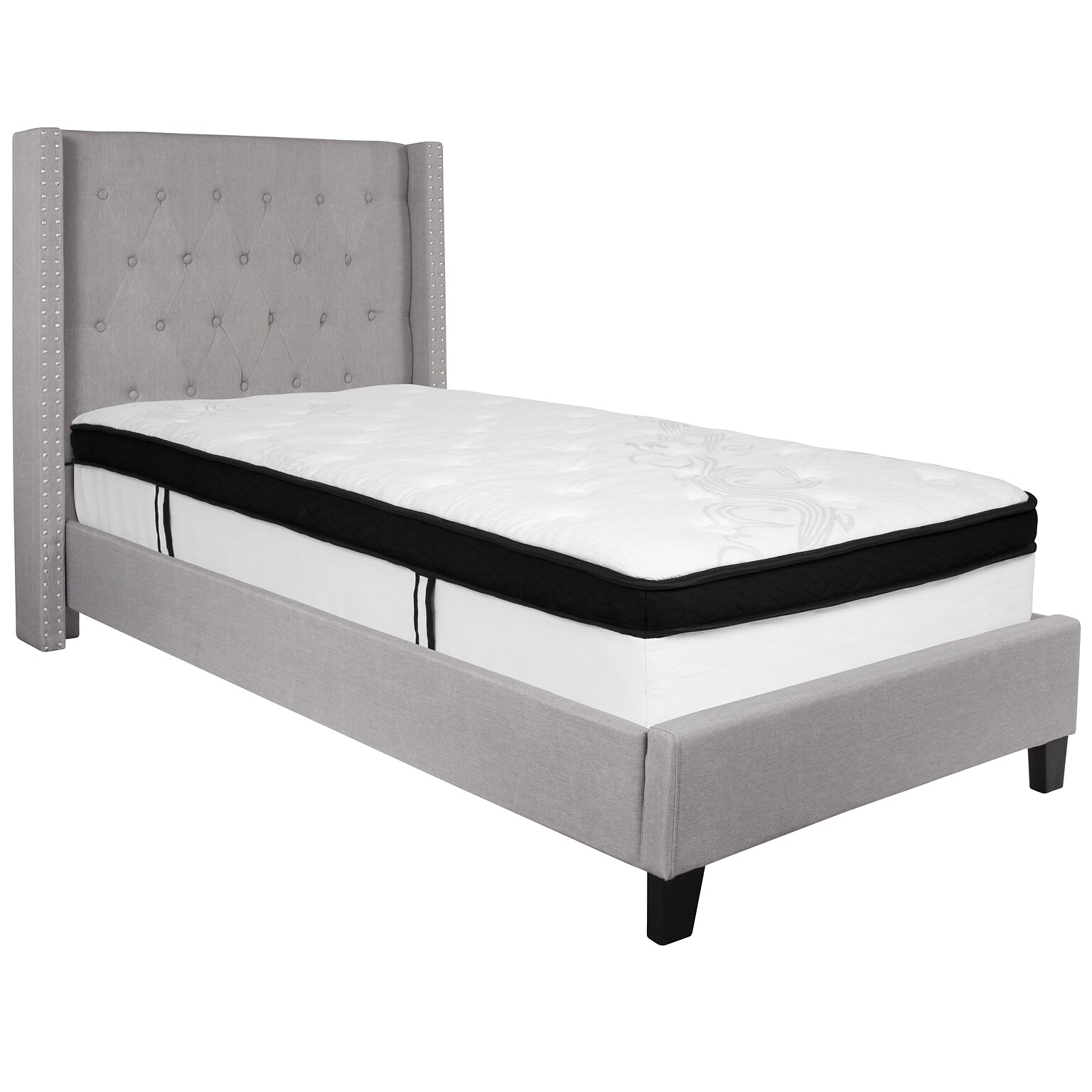 Flash Furniture Riverdale Tufted Upholstered Platform Bed in Light Gray Fabric with Memory Foam Mattress, Twin (HGBMF41)