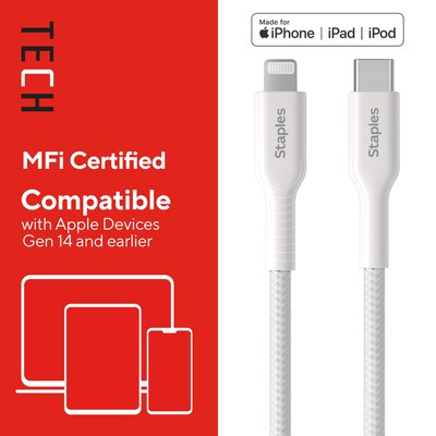 Staples TECH Lightning to USB-C Charging Cable, 6.5 ft., White (ST62333)