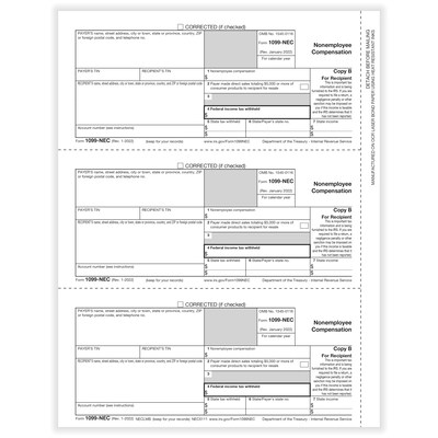 ComplyRight 2023 1099-NEC Tax Form, 1-Part, 3-Up, Recipient Copy B, 50/Pack (NEC511150)