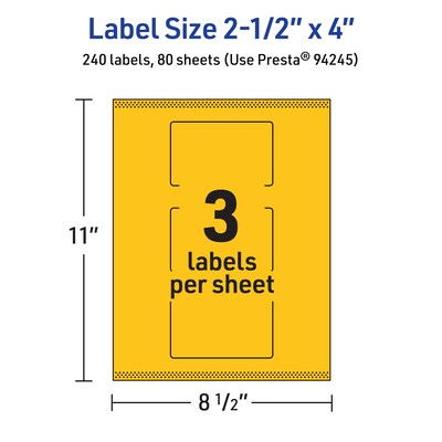 Avery Rectangle Laser/Inkjet Multipurpose Labels, 2.5" x 4", Bright Yellow (240/Box)