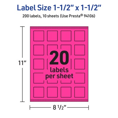 Avery Laser/Inkjet Square Multipurpose Labels, 1.5" x 1.5", Neon Magenta, 200/Pack (94106)