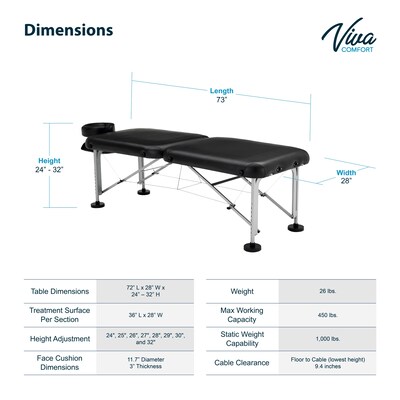 Viva Comfort Align Portable Nylon Treatment Massage Exam Table, 450lbs. Capacity, Black (925-01-BLK-MK)