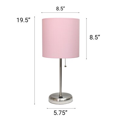 Creekwood Home Oslo Duo 19.5" LED Table Lamp with USB Port, Brushed Steel/Light Pink Shade, 2/Set (CWT-2012-LP-2PK)