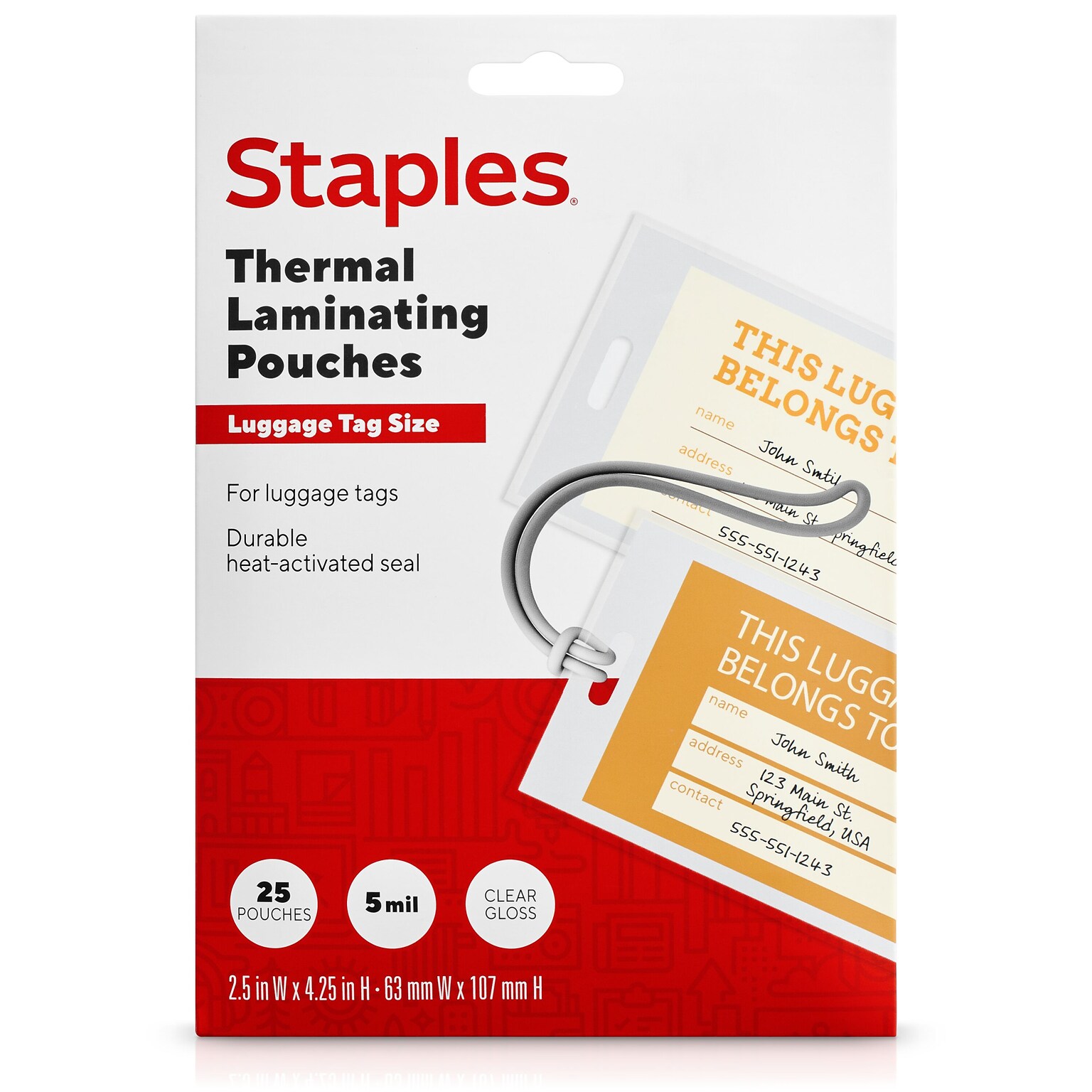 Staples Thermal Laminating Pouches, Luggage Tag, 5 Mil, 25/Pack (5200302/5200304)
