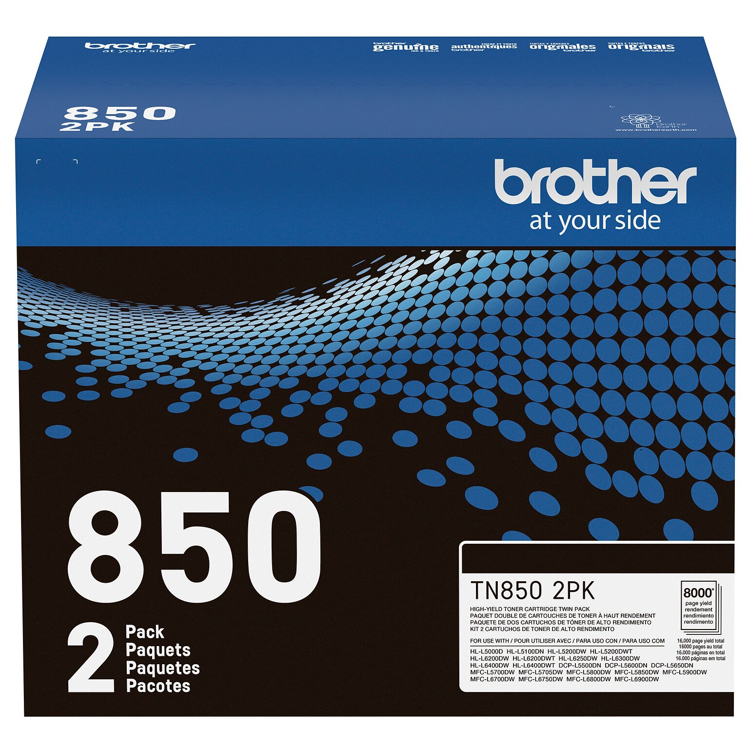Brother TN-850 Black Toner High Yield Cartridge, 2/Pack (TN8502PK)
