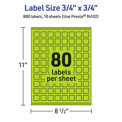 Avery Laser/Inkjet Multipurpose Square Labels, 0.75" x 0.75", Bright Green, 800/Pack (94102)