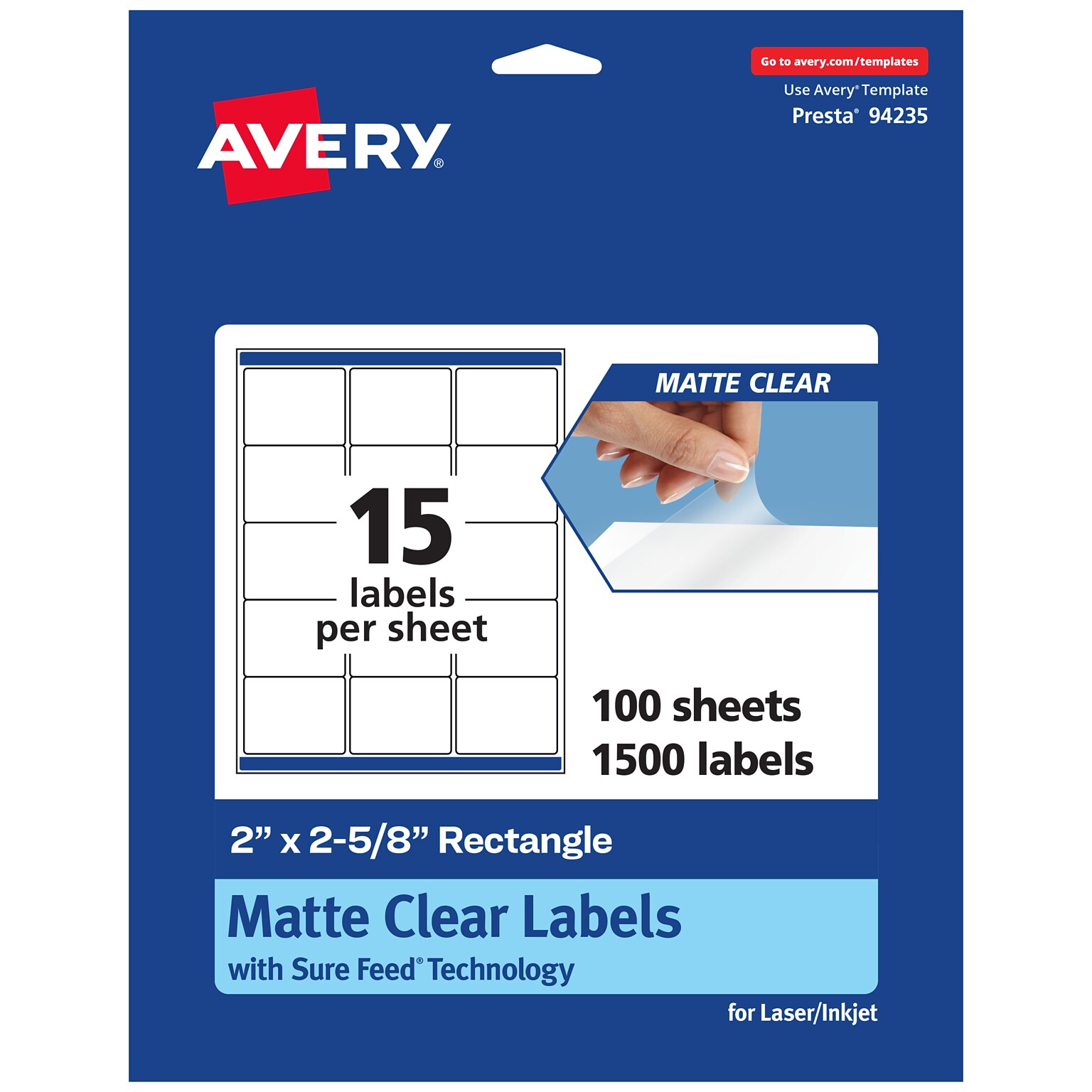 Avery Laser/Inkjet Rectangle Multipurpose Labels, 2 x 2-5/8, Clear, 1500/Box (94235)