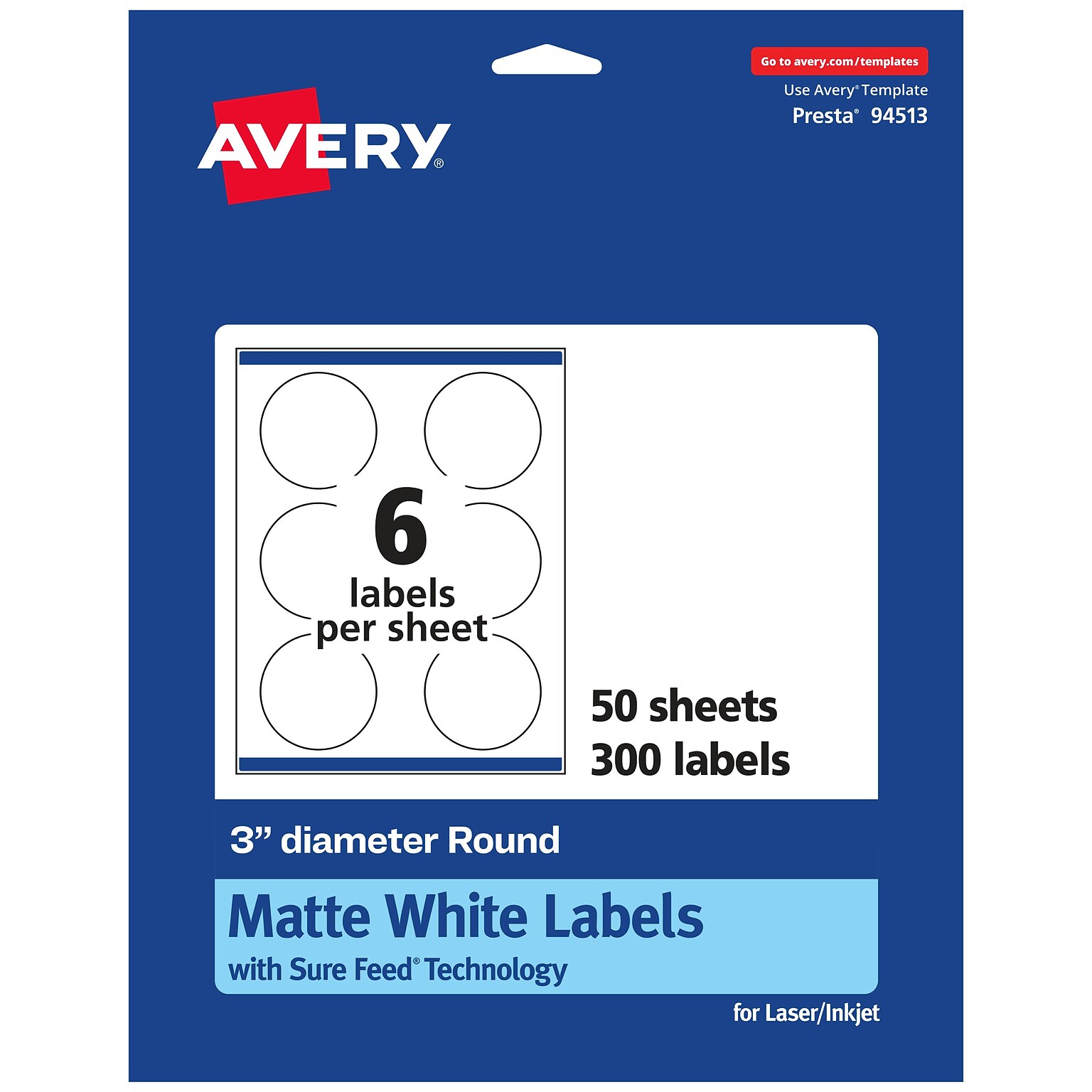 Avery Laser/Inkjet Round Multipurpose Labels, 3 Dia, Matte White, 300 Labels/Box (94513)