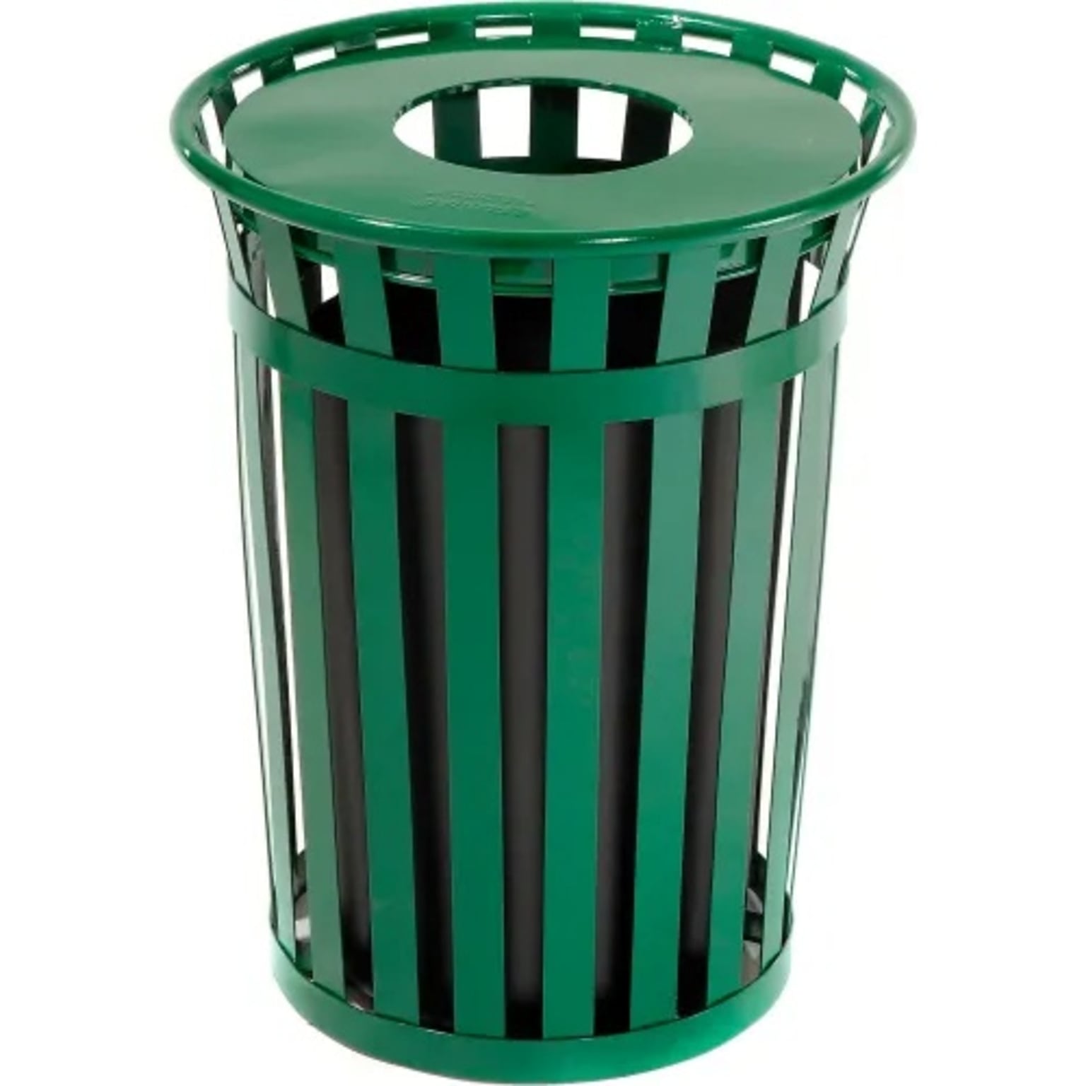 Global Industrial Outdoor Slatted Steel Trash Can w/ Flat Lid, 36 Gallon, Green (237726GN)