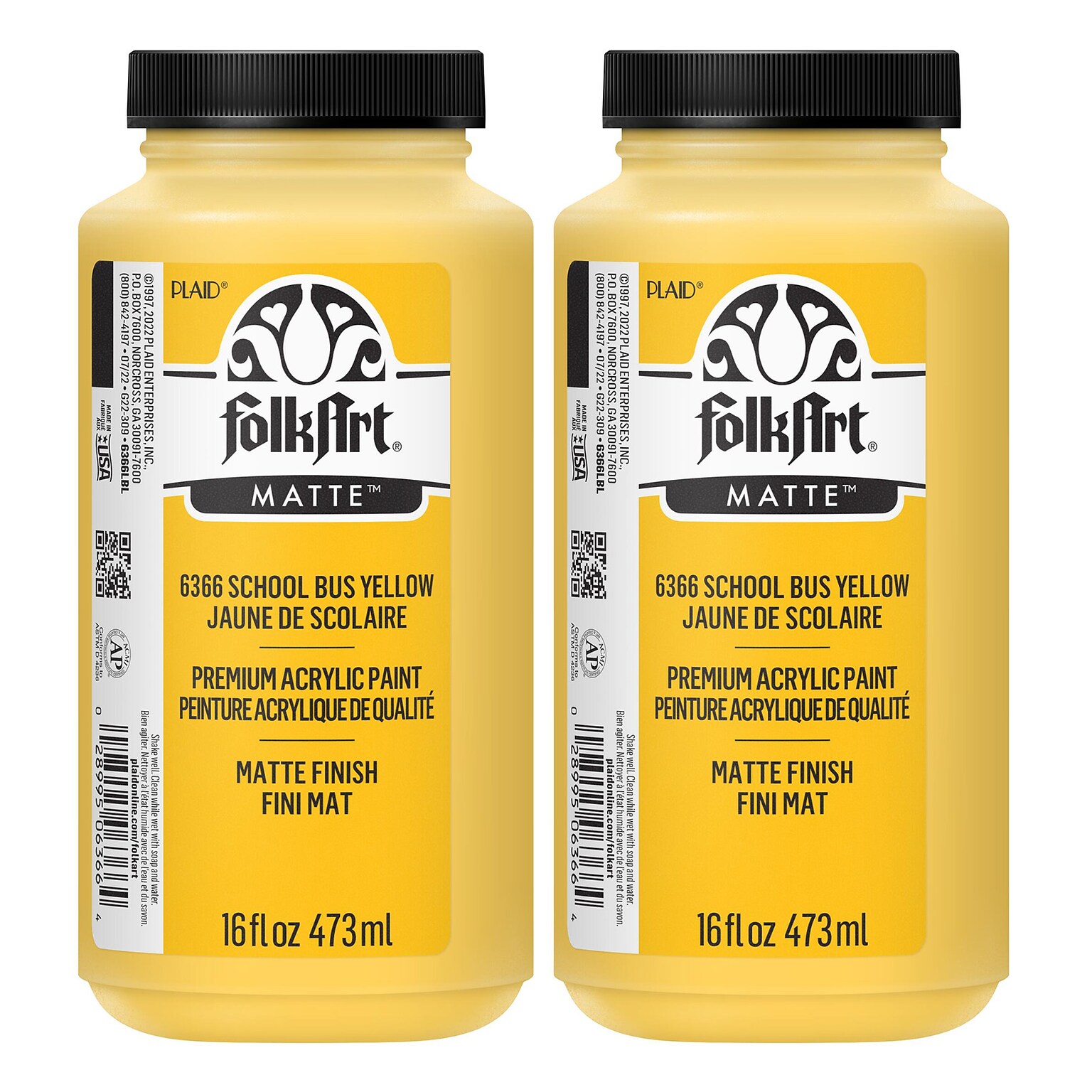 FolkArt Acrylic Paint Matte, 16oz., School Bus Yellow, 2/Pack (FLK6366-2)