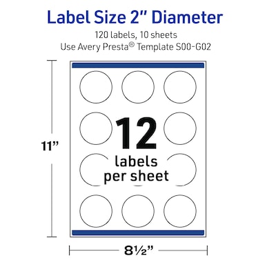 Avery Round Laser/Inkjet Multipurpose Labels, 2", White, 120/Pack (19479370839)