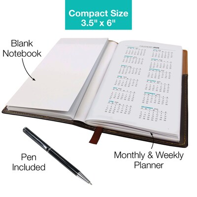 2026 Global Printed Products 3.5 x 6 Weekly & Monthly Planner, Faux Leather Cover, Black/Brown (NRY26-PKT-BN-P)