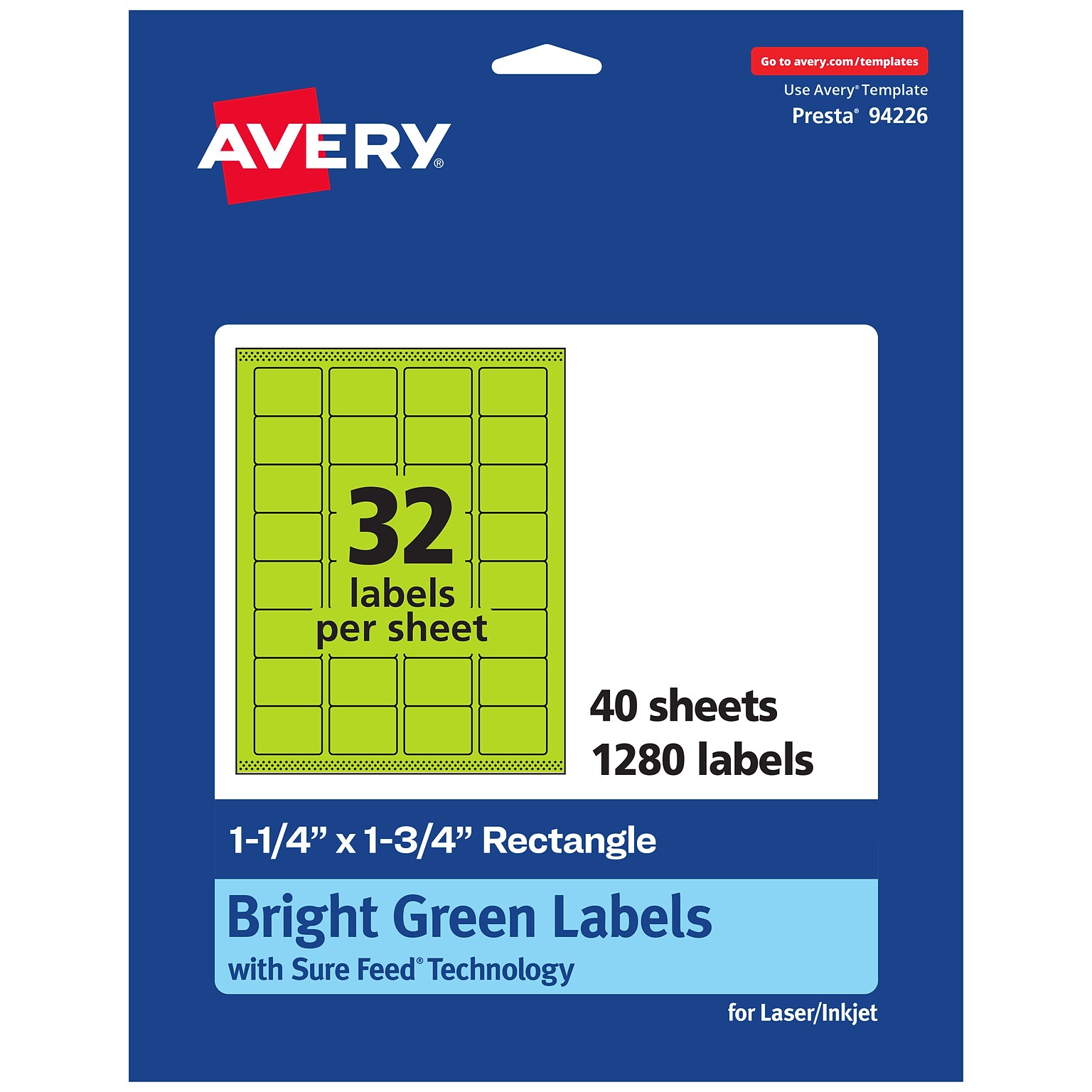 Avery Laser/Inkjet Multipurpose Rectangle Labels, 1.25 x 1.75, Bright Green, 1280/Pack (94226)